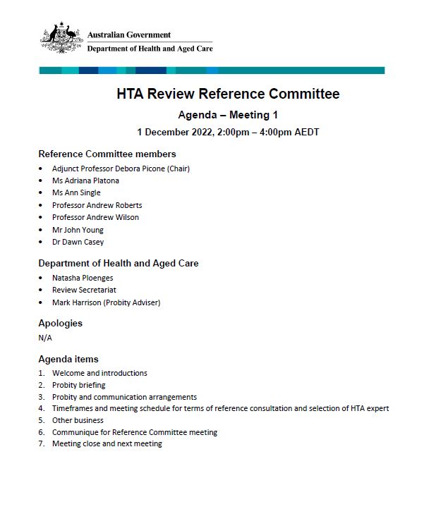 Health Technology Assessment Policy and Methods Review – Reference committee meeting agenda – 1 December 2022