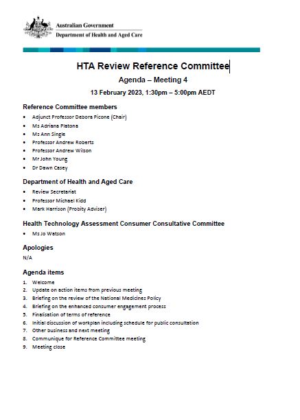 Cover page HTA Review Reference Committee Agenda – Meeting 4 – 13 February 2023