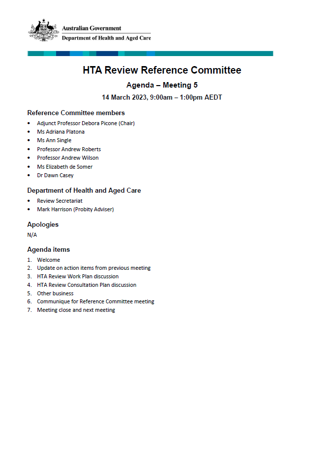 Health Technology Assessment Policy and Methods Review – Reference committee meeting agenda – 14 March 2023