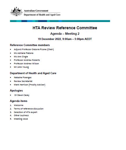 Cover page Health Technology Assessment Policy and Methods Review – Reference committee meeting agenda – 19 December 2022