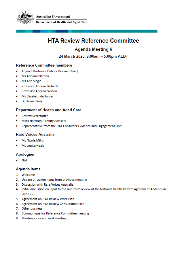 Health Technology Assessment Policy and Methods Review – Reference committee meeting agenda – 24 March 2023