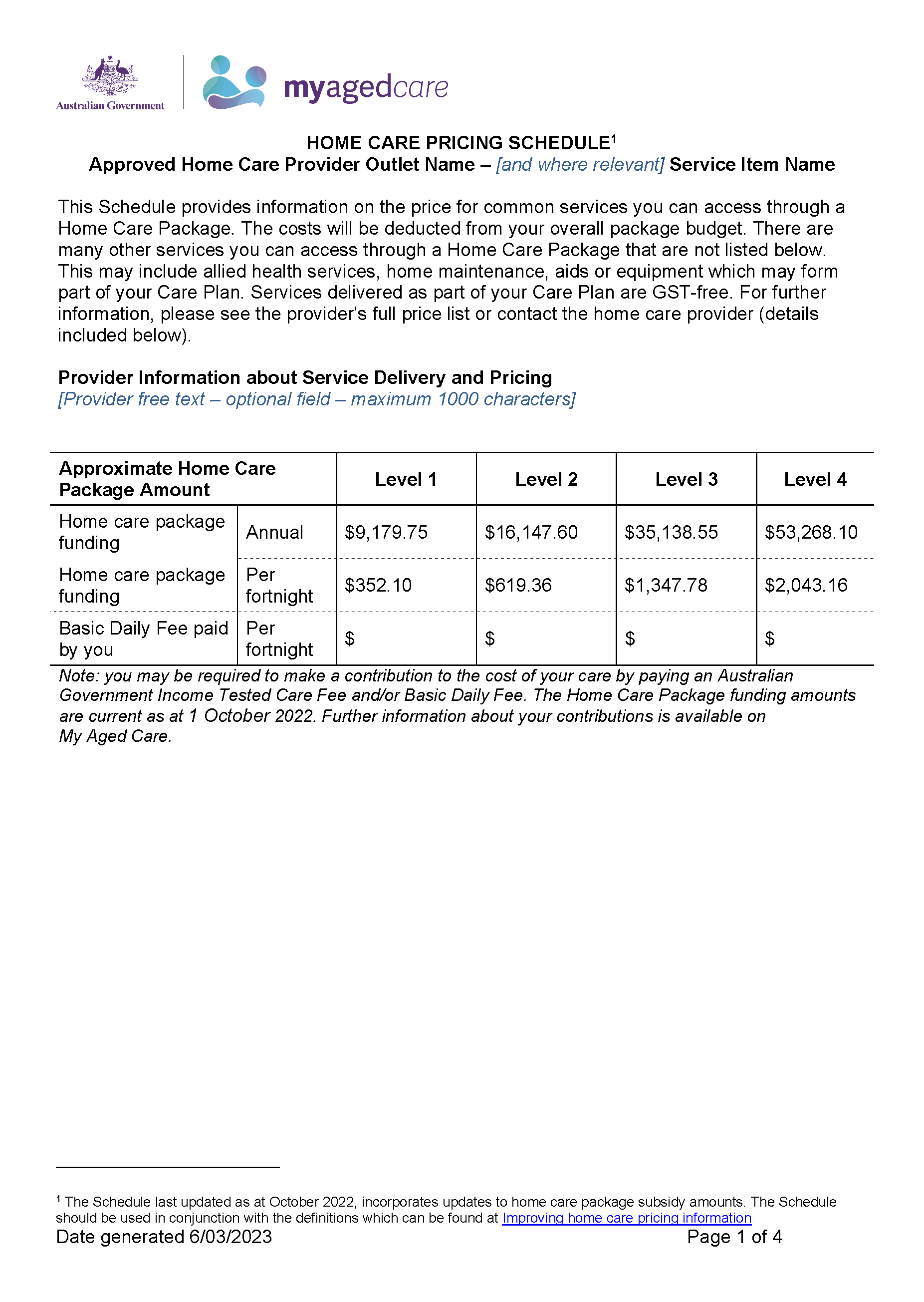 Home Care Pricing Schedule Example