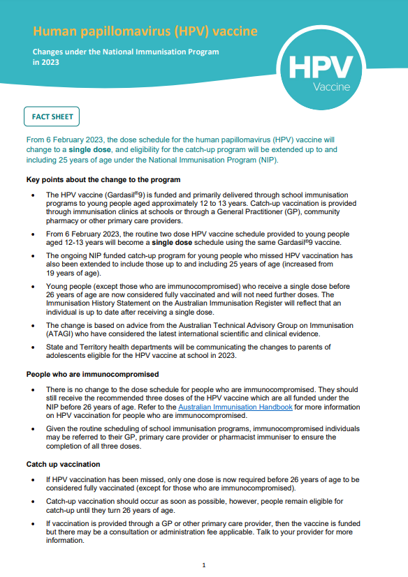 HPV vaccine – Fact sheet outlining changes under the National Immunisation Program in 2023