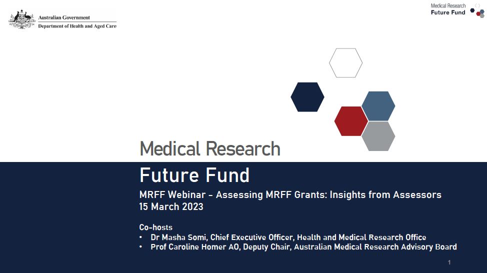 Cover page MRFF Webinar – Assessing MRFF grants Insights from assessors (15 March 2023) – presentation