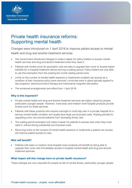 Cover page Private health insurance reforms – supporting mental health