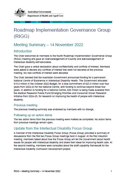 Cover page Roadmap Implementation Governance Group (RIGG) – Meeting Summary 14 November 2022