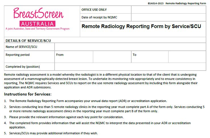Cover page BreastScreen Australia – Remote radiology reporting form