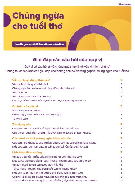 Cover page Childhood vaccinations – Giải đáp các câu hỏi của quý vị (Vietnamese)