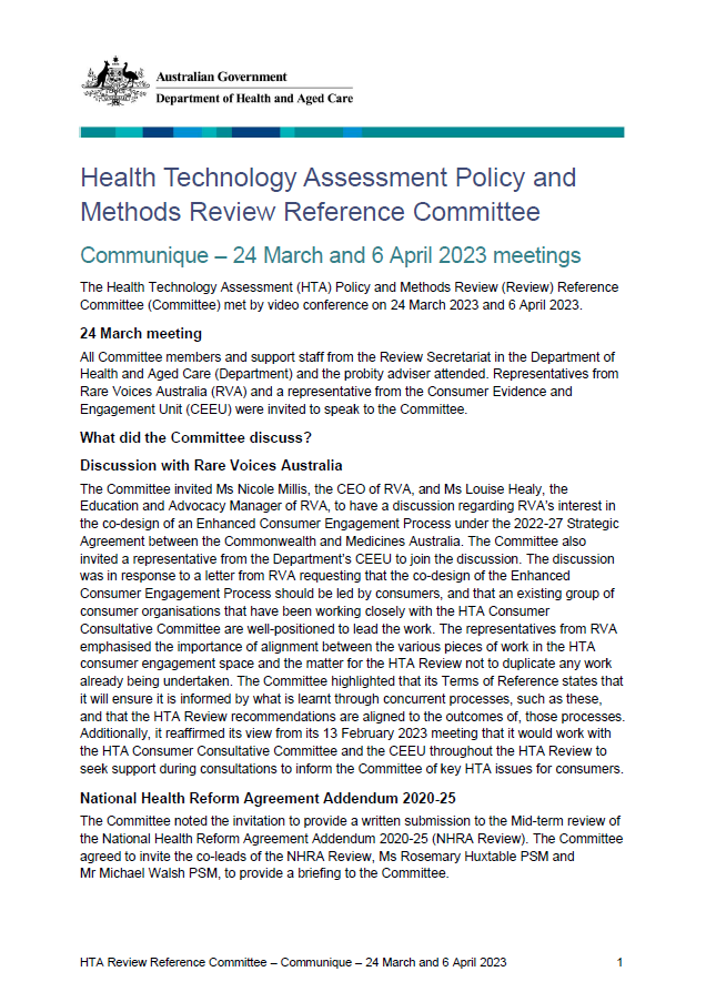 Health Technology Assessment Policy and Methods Review Reference Committee Communique – 24 March 2023 and 6 April 2023 meeting