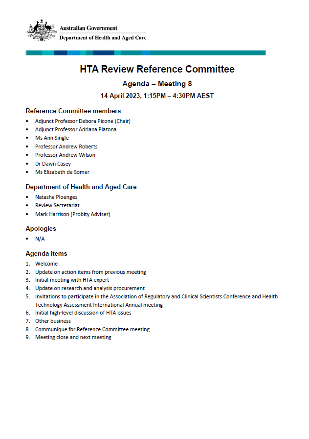 Health Technology Assessment Policy and Methods Review – Reference committee meeting agenda – 14 April 2023