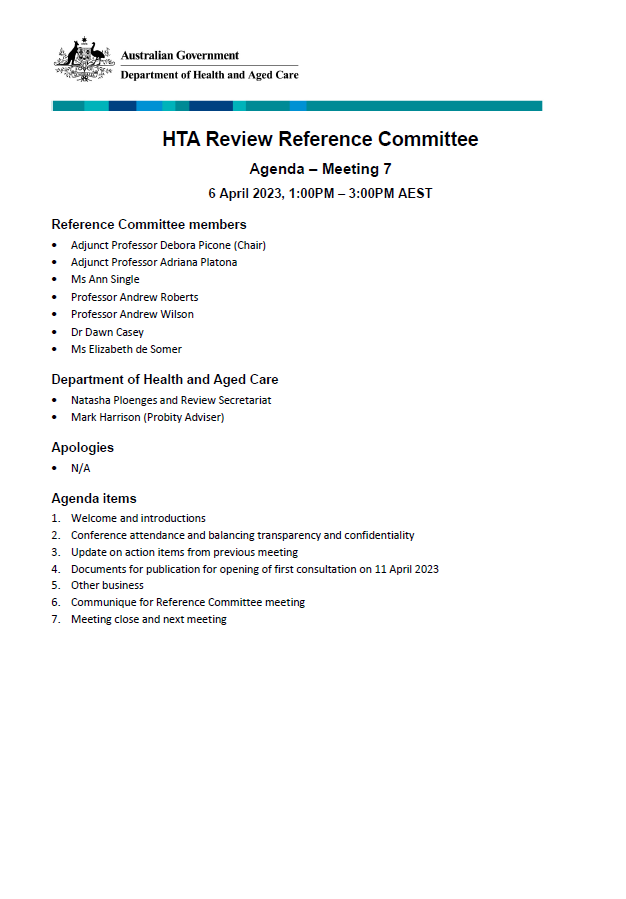 Health Technology Assessment Policy and Methods Review – Reference committee meeting agenda – 6 April 2023