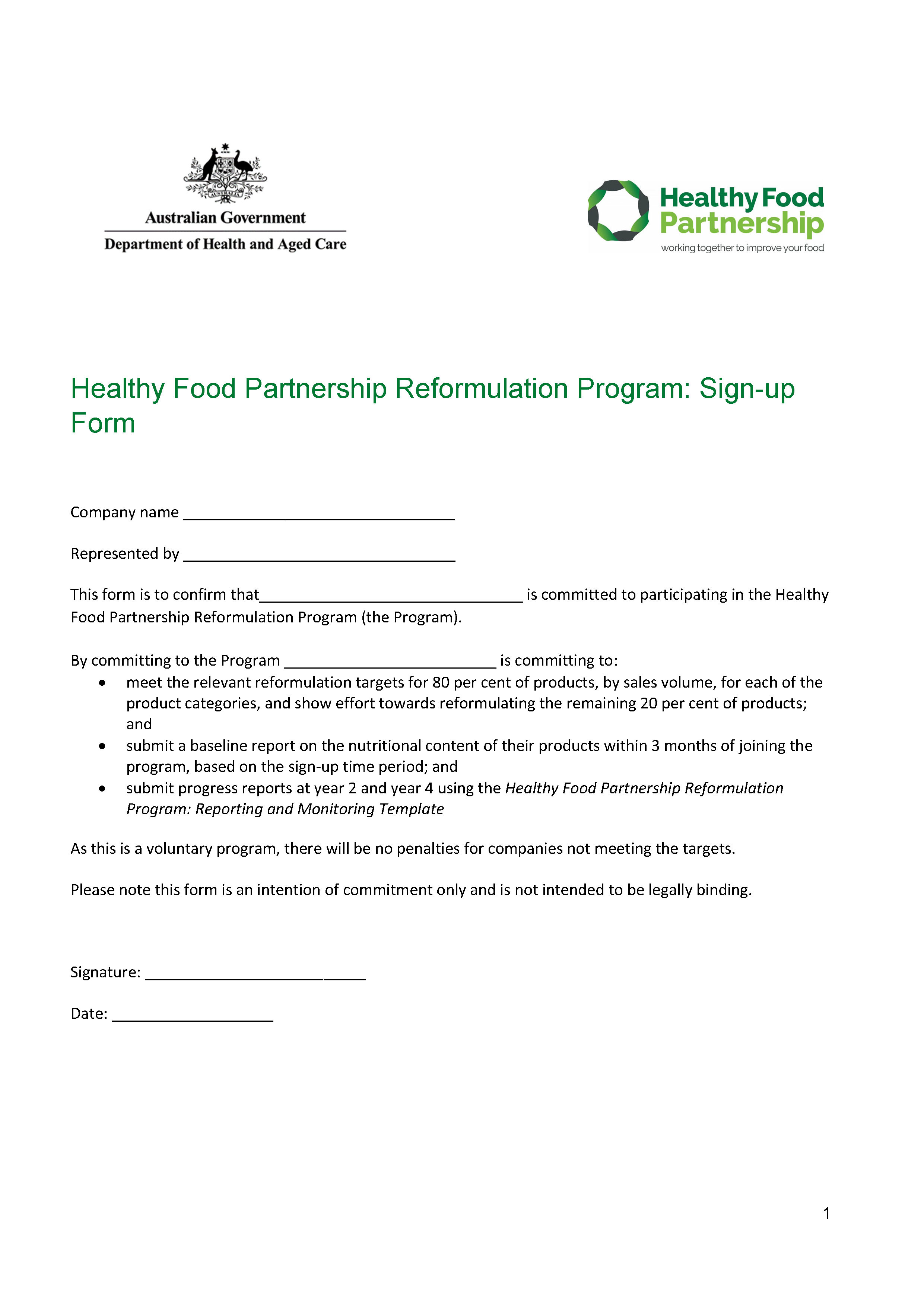 Healthy Food Partnership Reformulation Program Sign-Up Form
