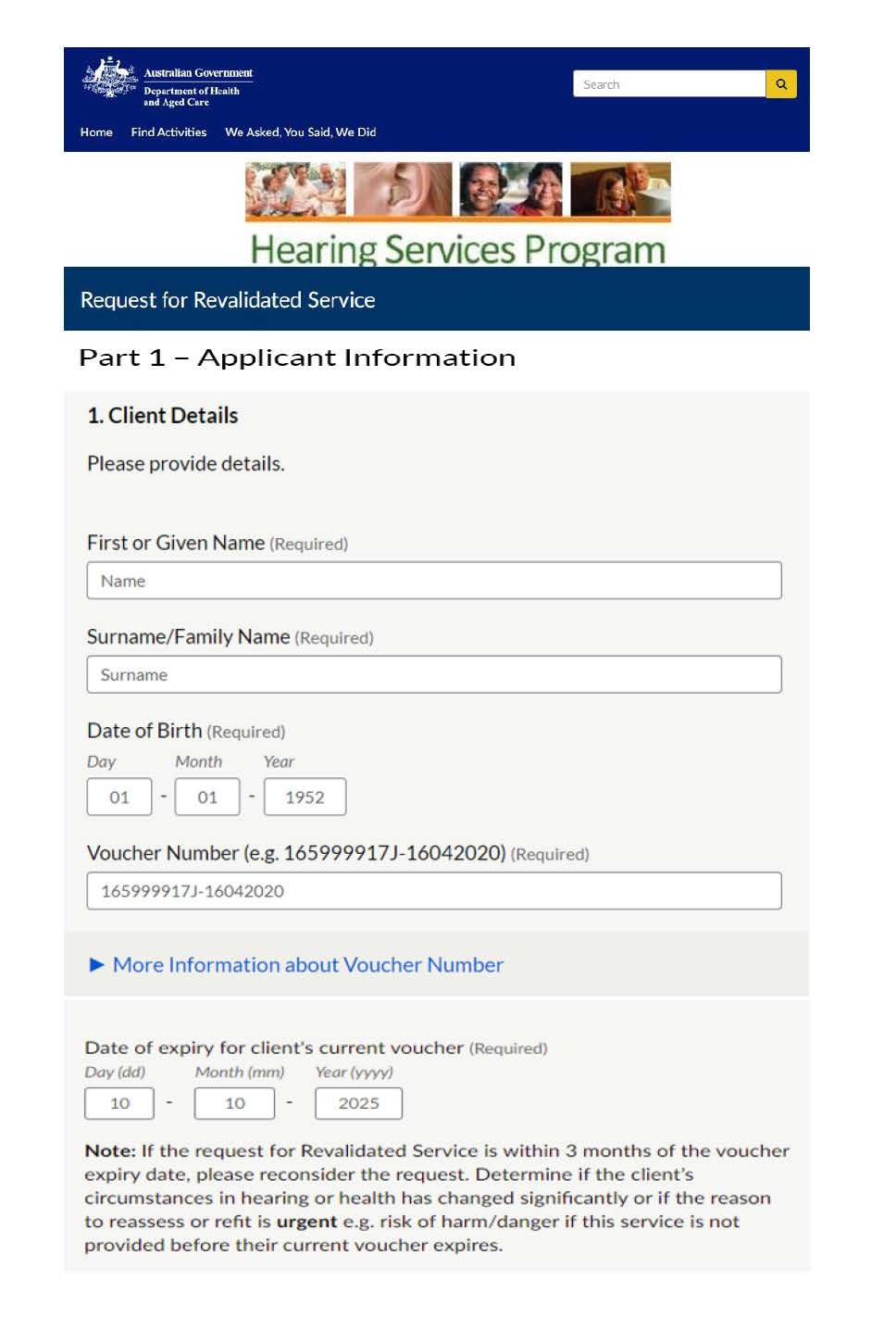 Hearing Services Program revalidated service request examples