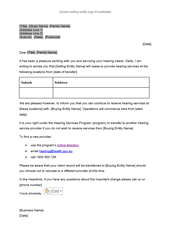 Hearing Services Program template letter to clients when selling a business