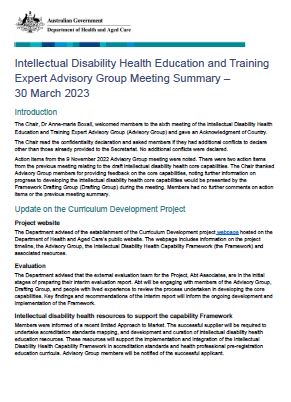 Cover page Intellectual Disability Health Education and Training Expert Advisory Group – Meeting summary – 30 March 2023