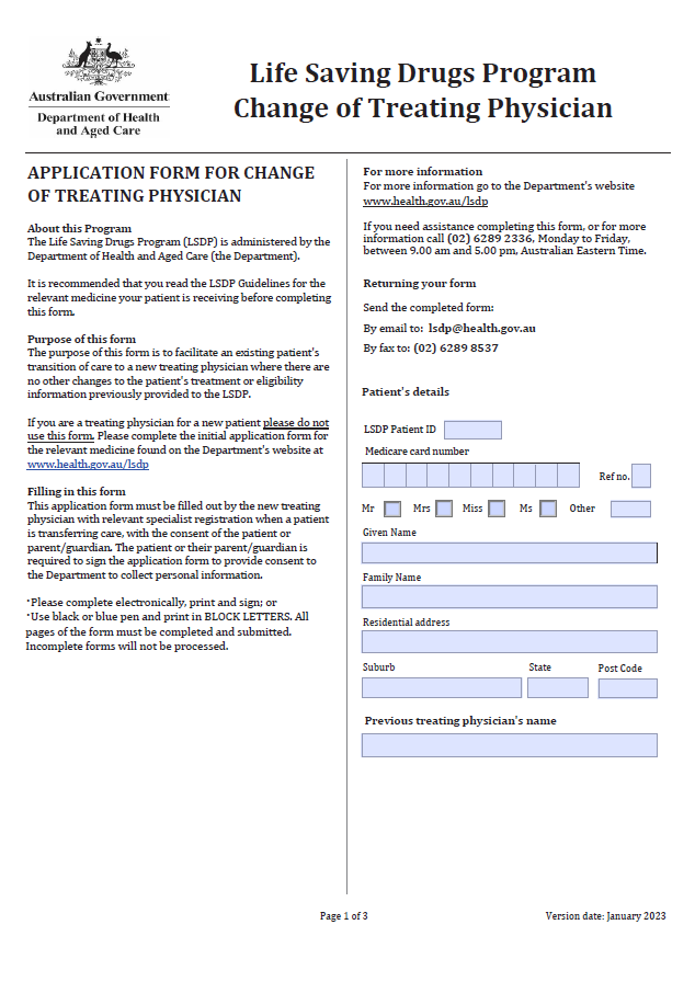 Life Saving Drugs Program – Change of treating physician form