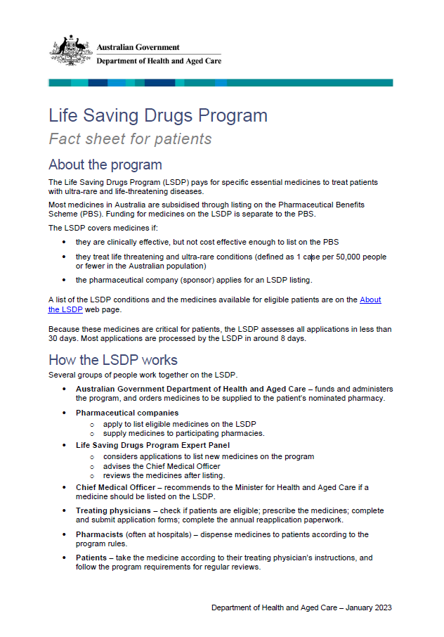 Life Saving Drugs Program – Fact sheet for patients