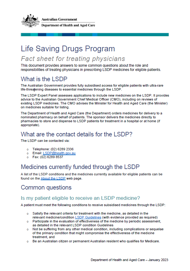 Life Saving Drugs Program – Fact sheet for treating physicians