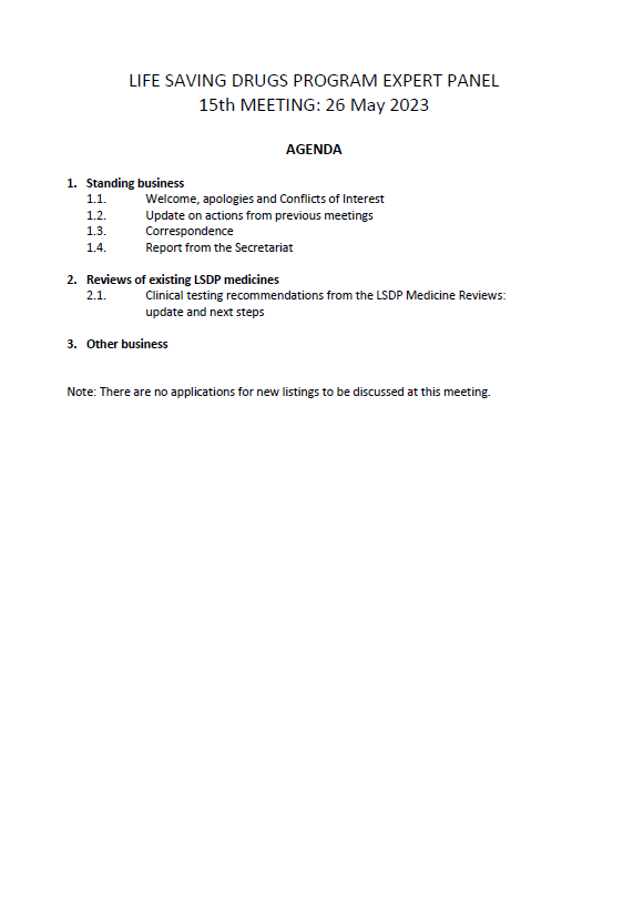 Life Saving Drugs Program (LSDP) Expert Panel meeting agenda – 26 April 2023