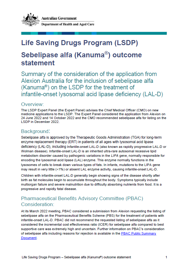 Life Saving Drugs Program – Sebelipase alfa (Kanuma®) outcome statement