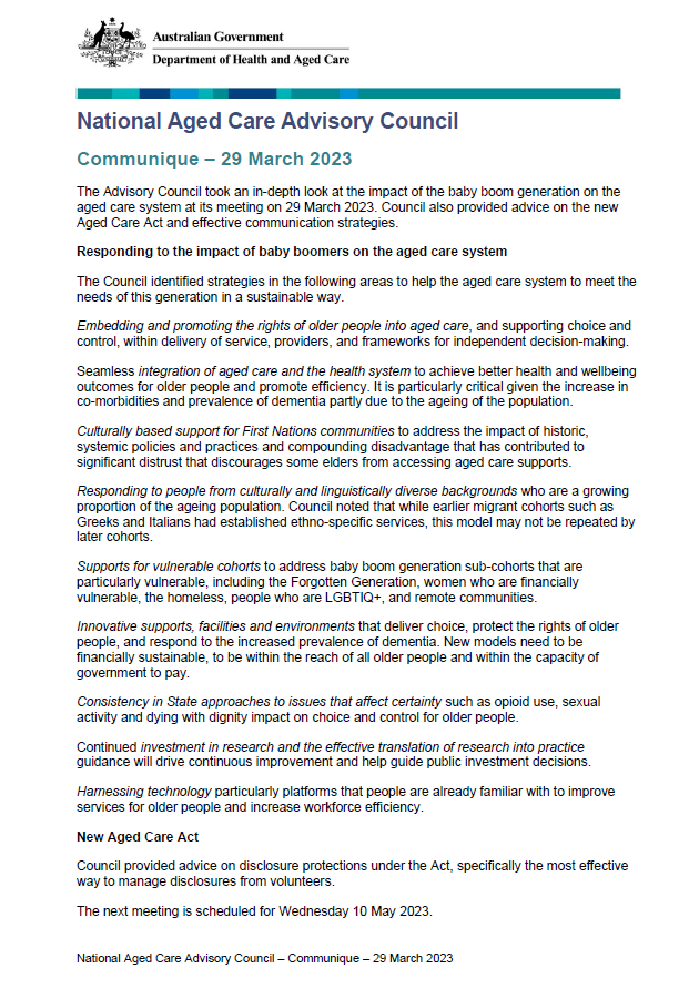 National Aged Care Advisory Council communique – March 2023