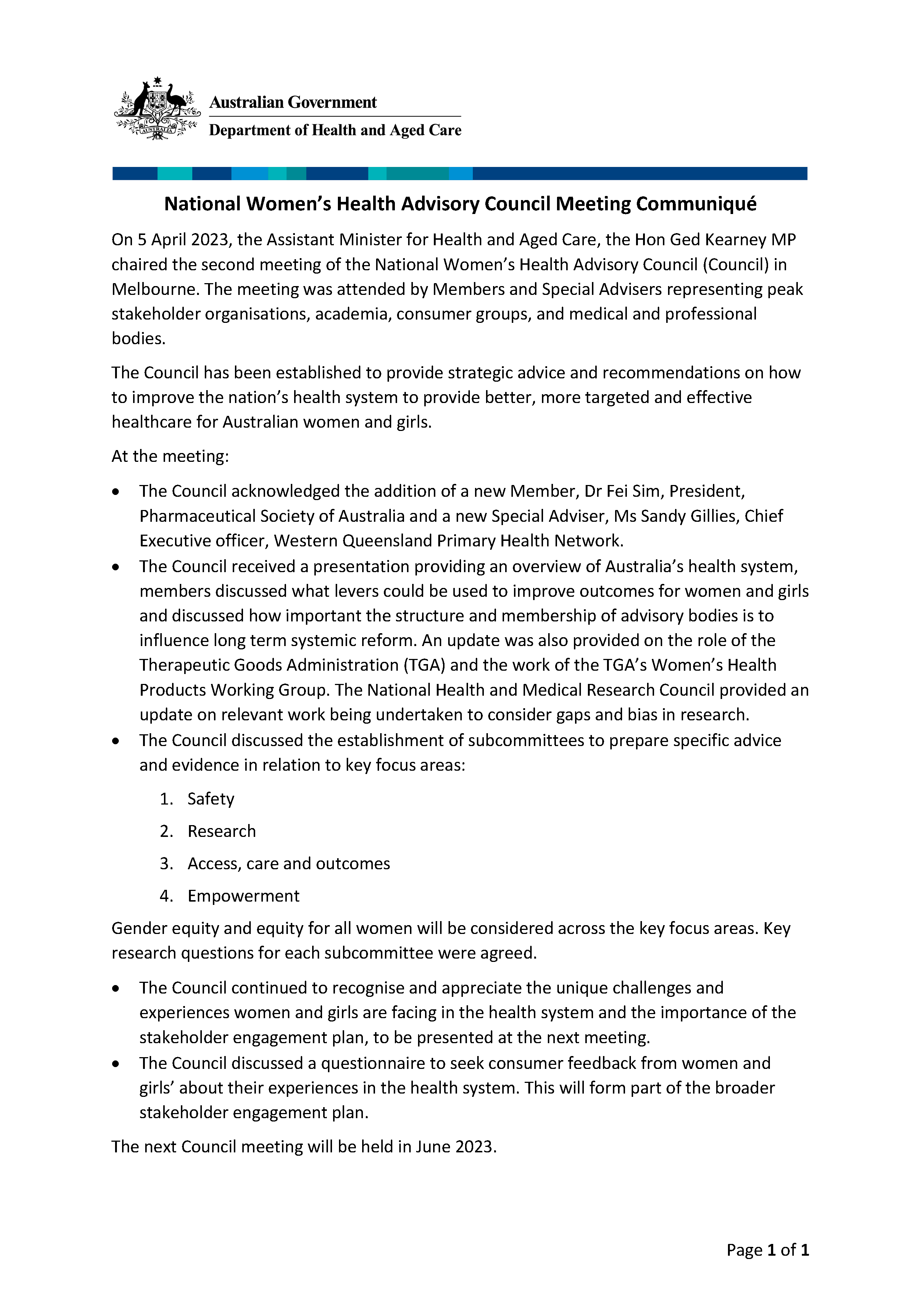 National Women’s Health Advisory Council communique – 5 April 2023