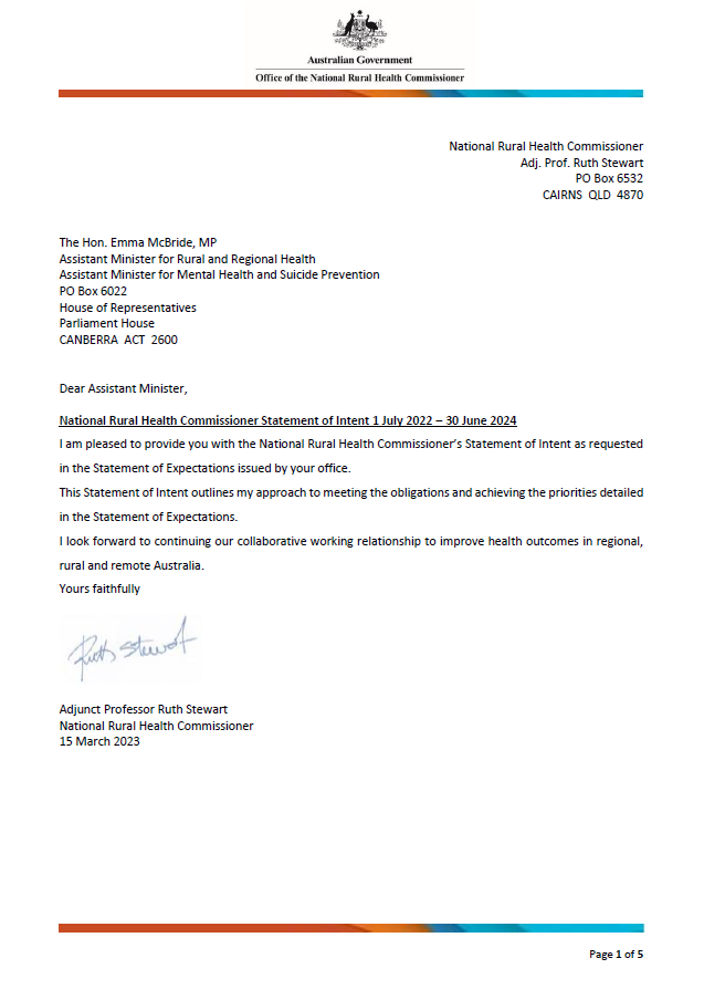 1 July 2022 – 30 June 2024 statement of intent from the National Rural Health Commissioner