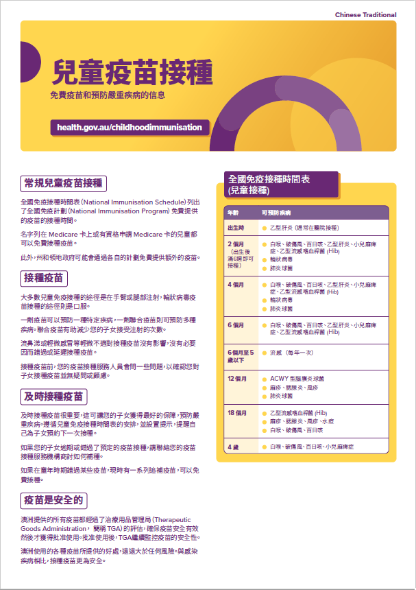 Childhood vaccination consumer brochure cover image in Traditional Chinese