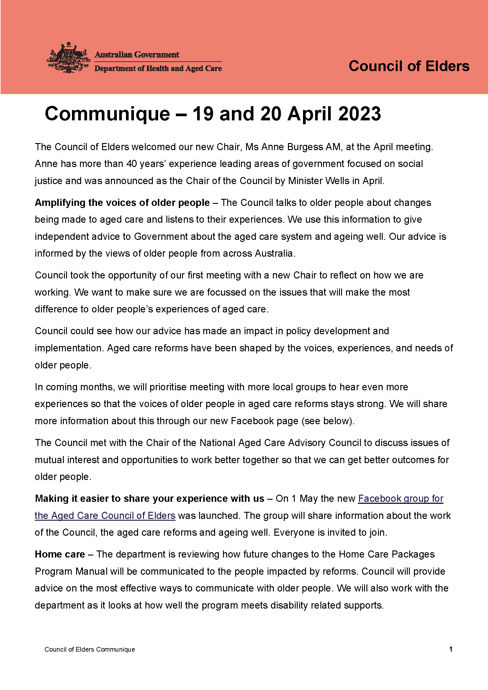 Council of Elders communique – 19 and 20 April 2023