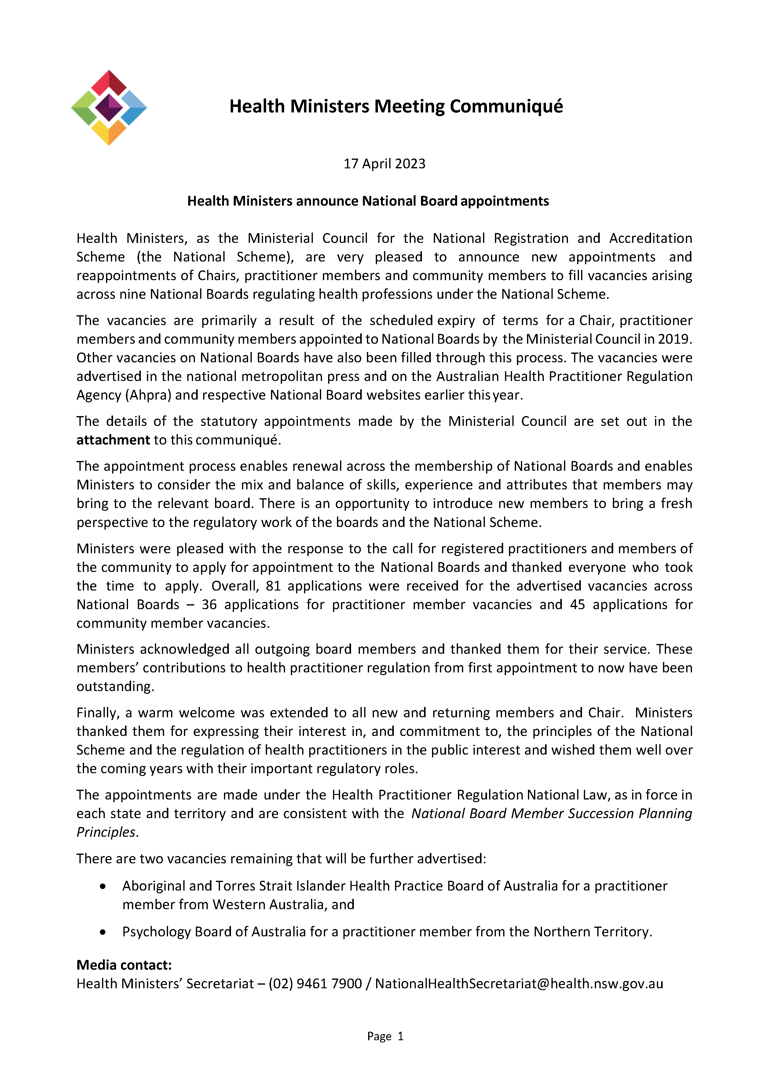 Health Ministers’ Meeting – Communique 17 April 2023