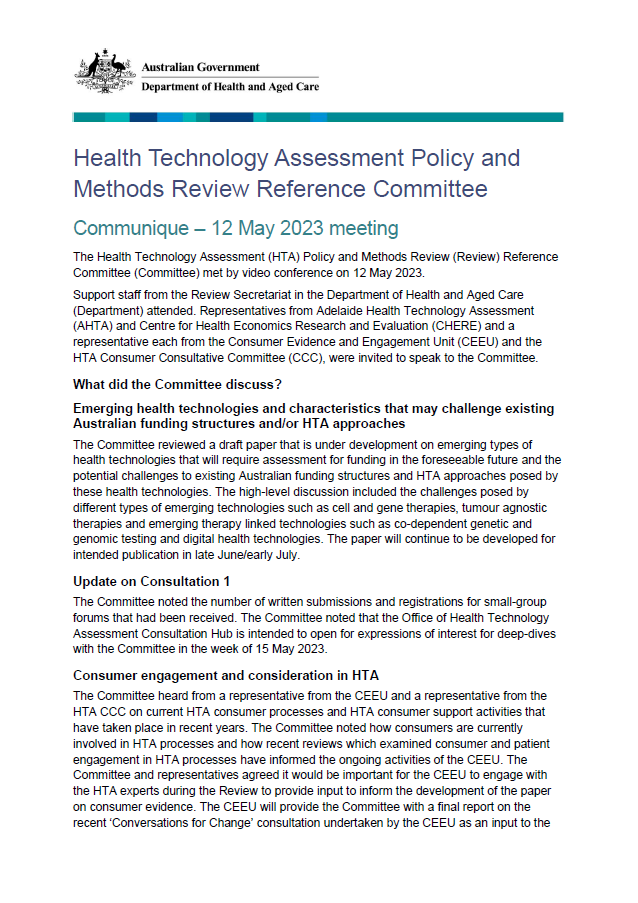 Health Technology Assessment Policy and Methods Review Reference Committee Communique – 12 May 2023 meeting