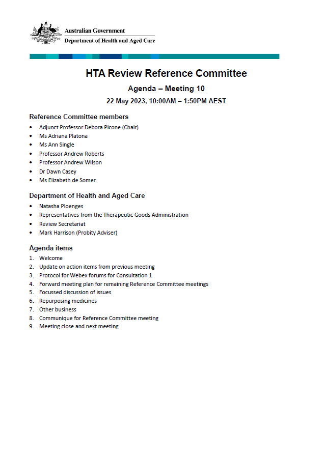 Health Technology Assessment Policy and Methods Review – Reference committee meeting agenda – 22 May 2023