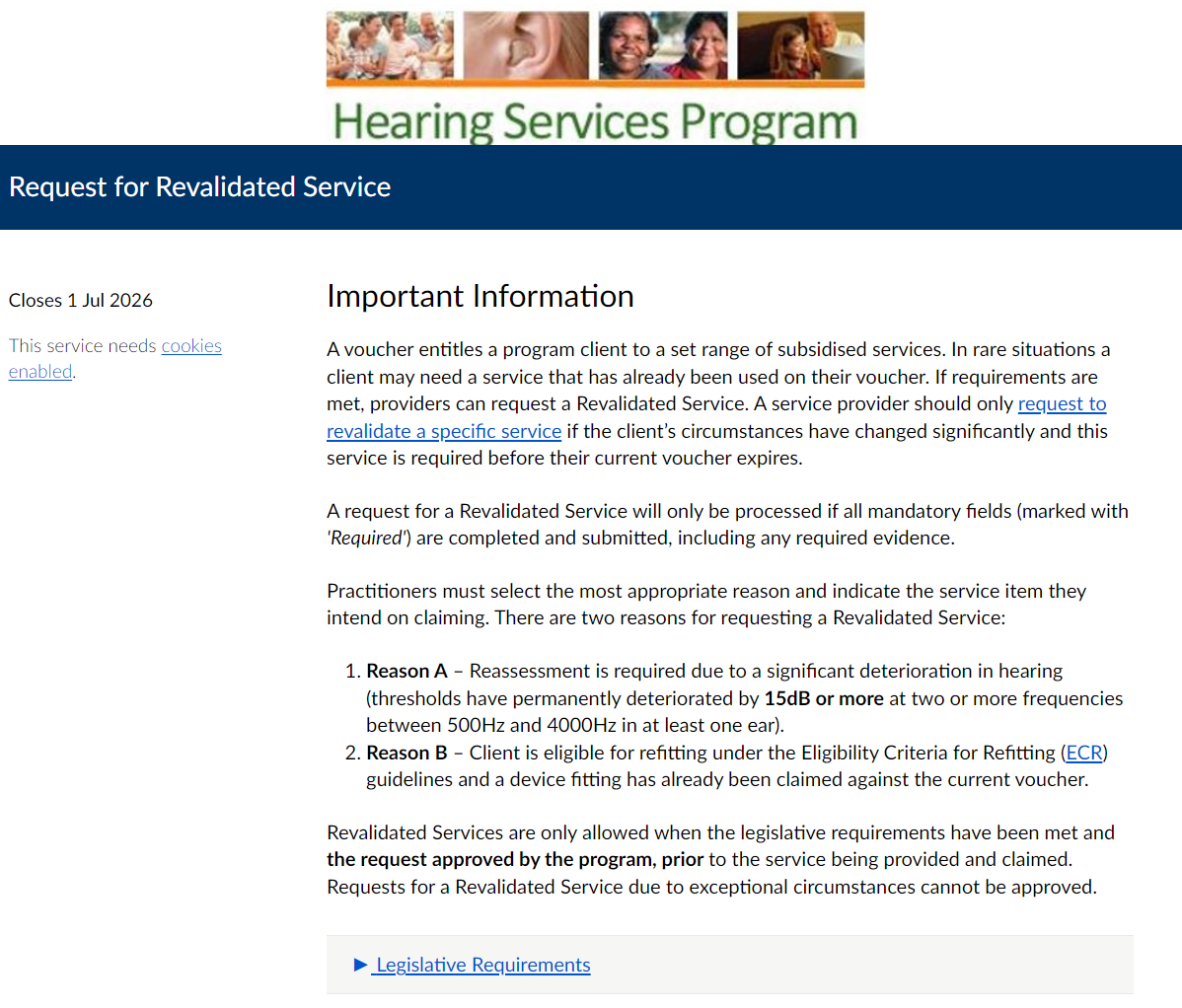 Hearing Services Program request for revalidated service form