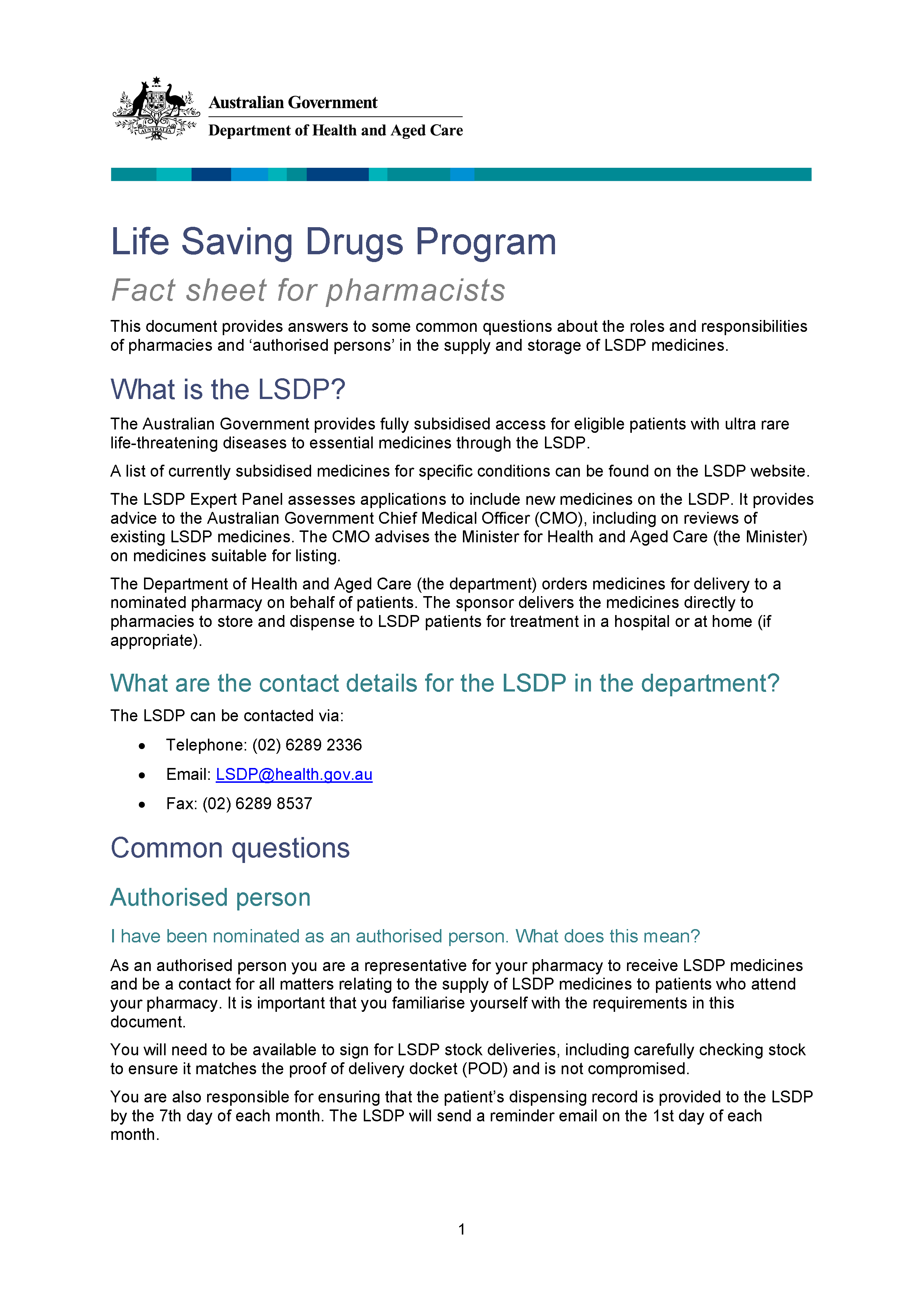 Life Saving Drugs Program – Fact sheet for pharmacists