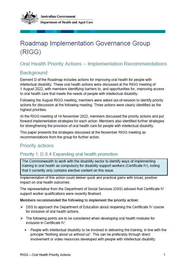 Oral Health Priority Actions – Implementation Recommendations