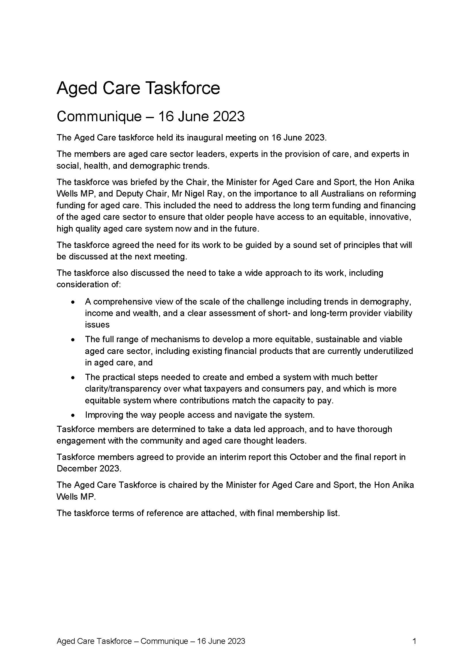 Aged Care Taskforce communique – 16 June 2023