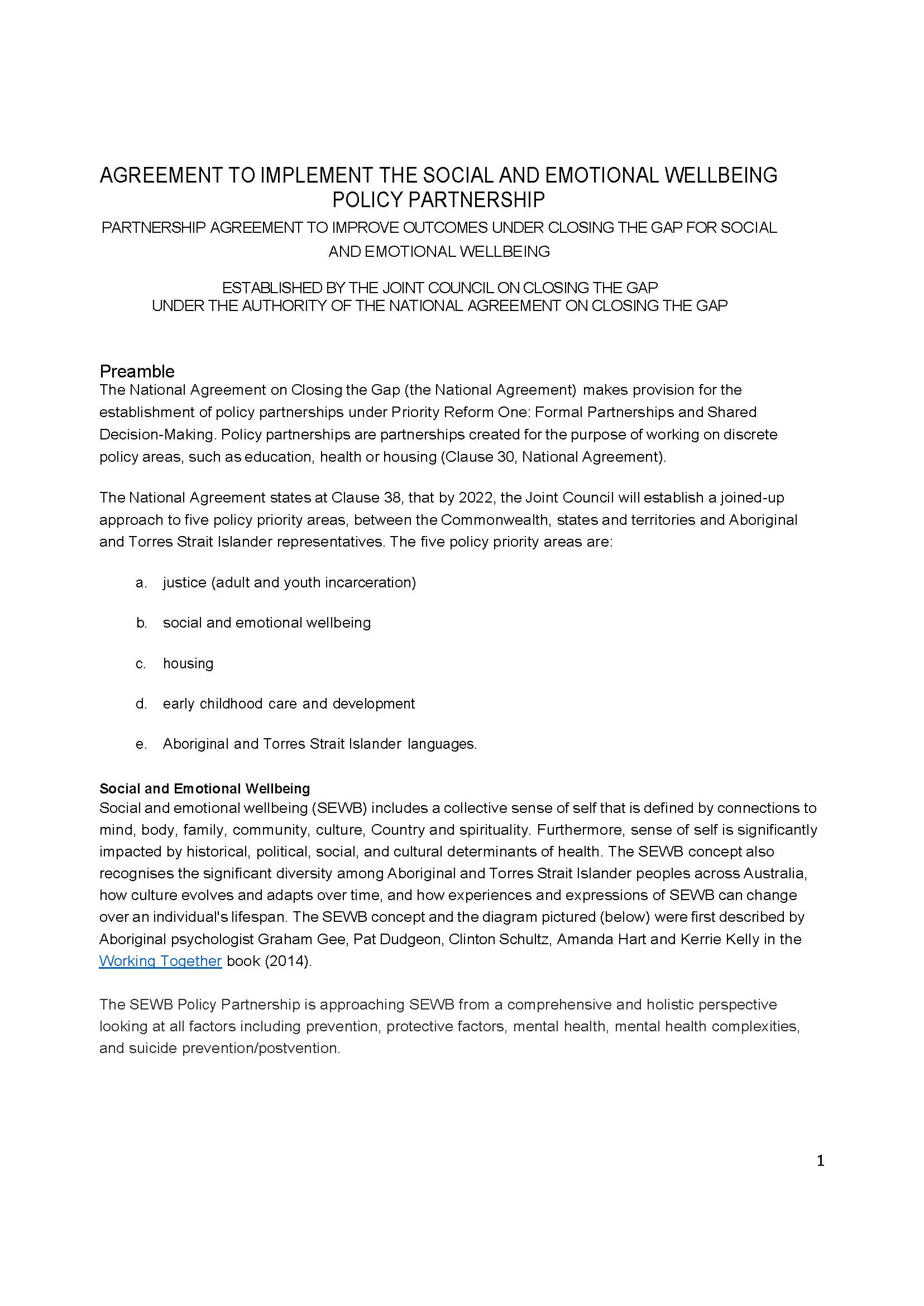 Agreement to implement the Social and Emotional Wellbeing Policy Partnership