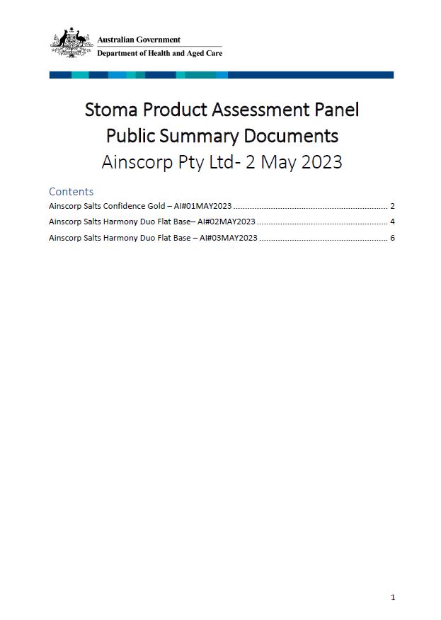 Stoma Product Assessment Panel – Public summary document – Ainscorp Pty Ltd (May  2023)
