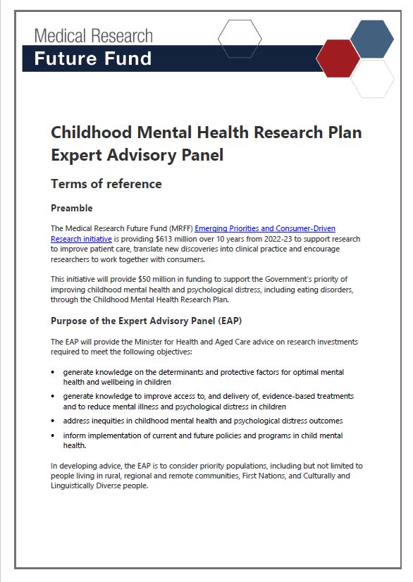 Childhood Mental Health Research Plan Expert Advisory Panel terms of reference