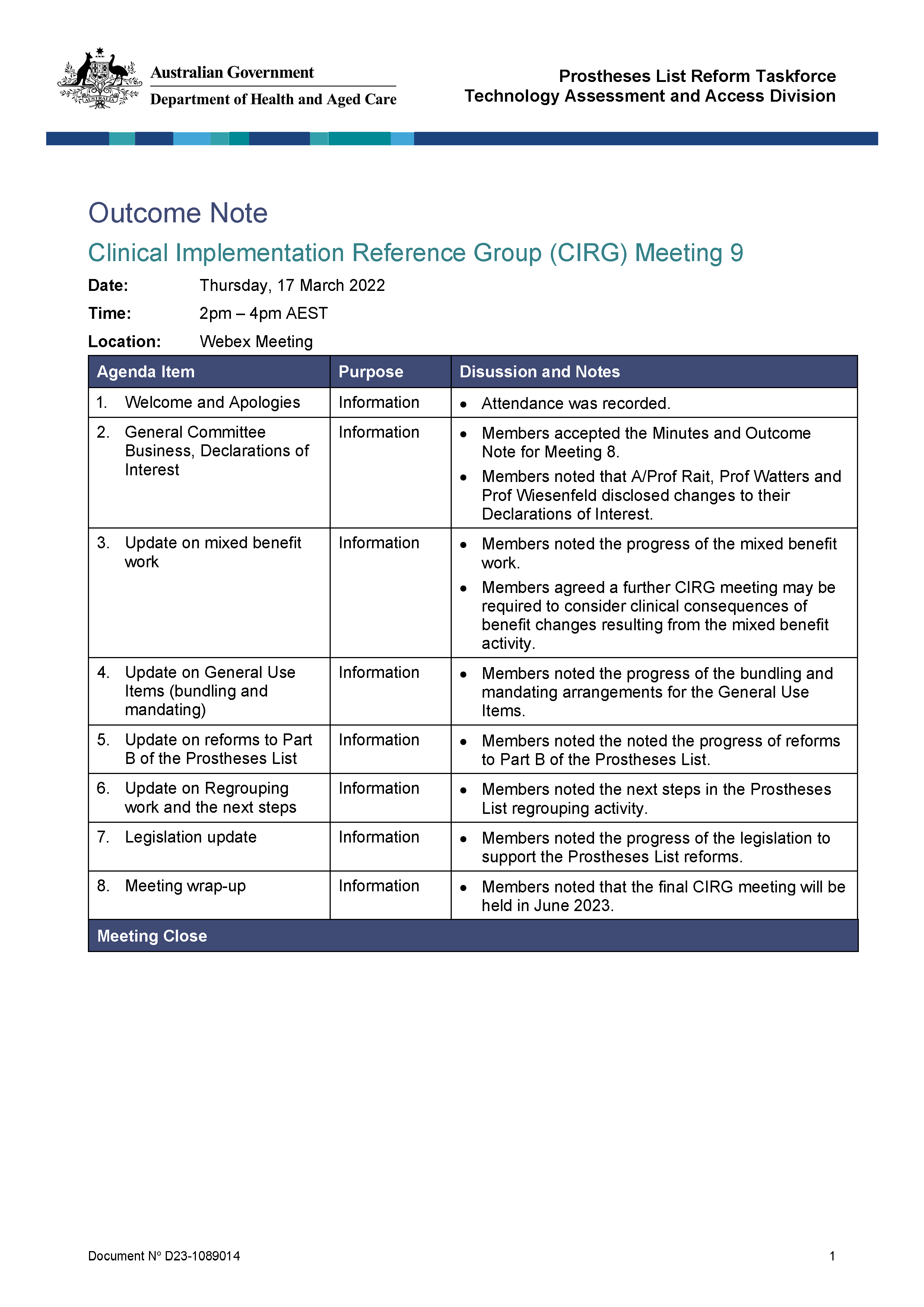 CIRG outcome note – 17 March 2023