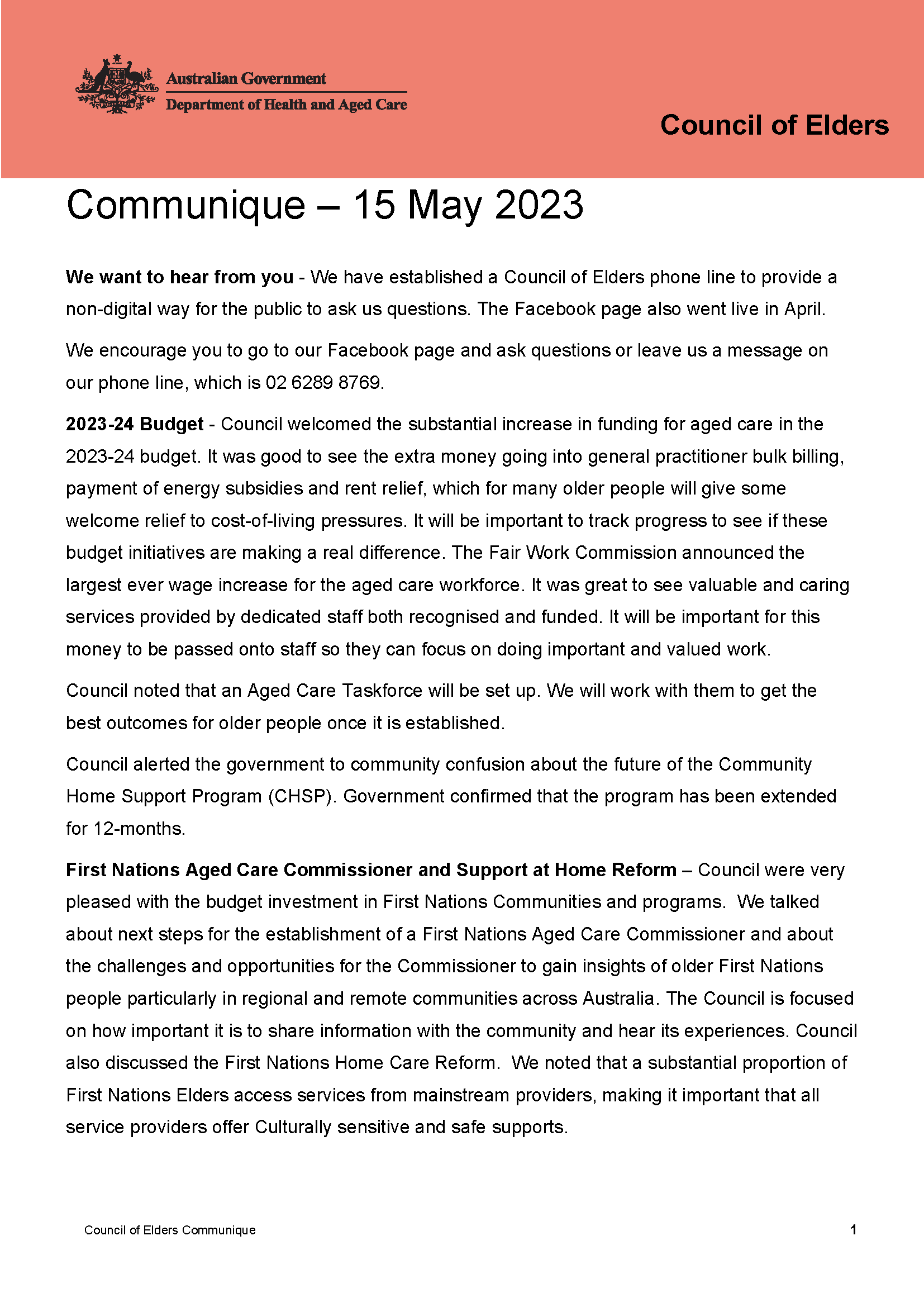 Council of Elders communique – 15 May 2023