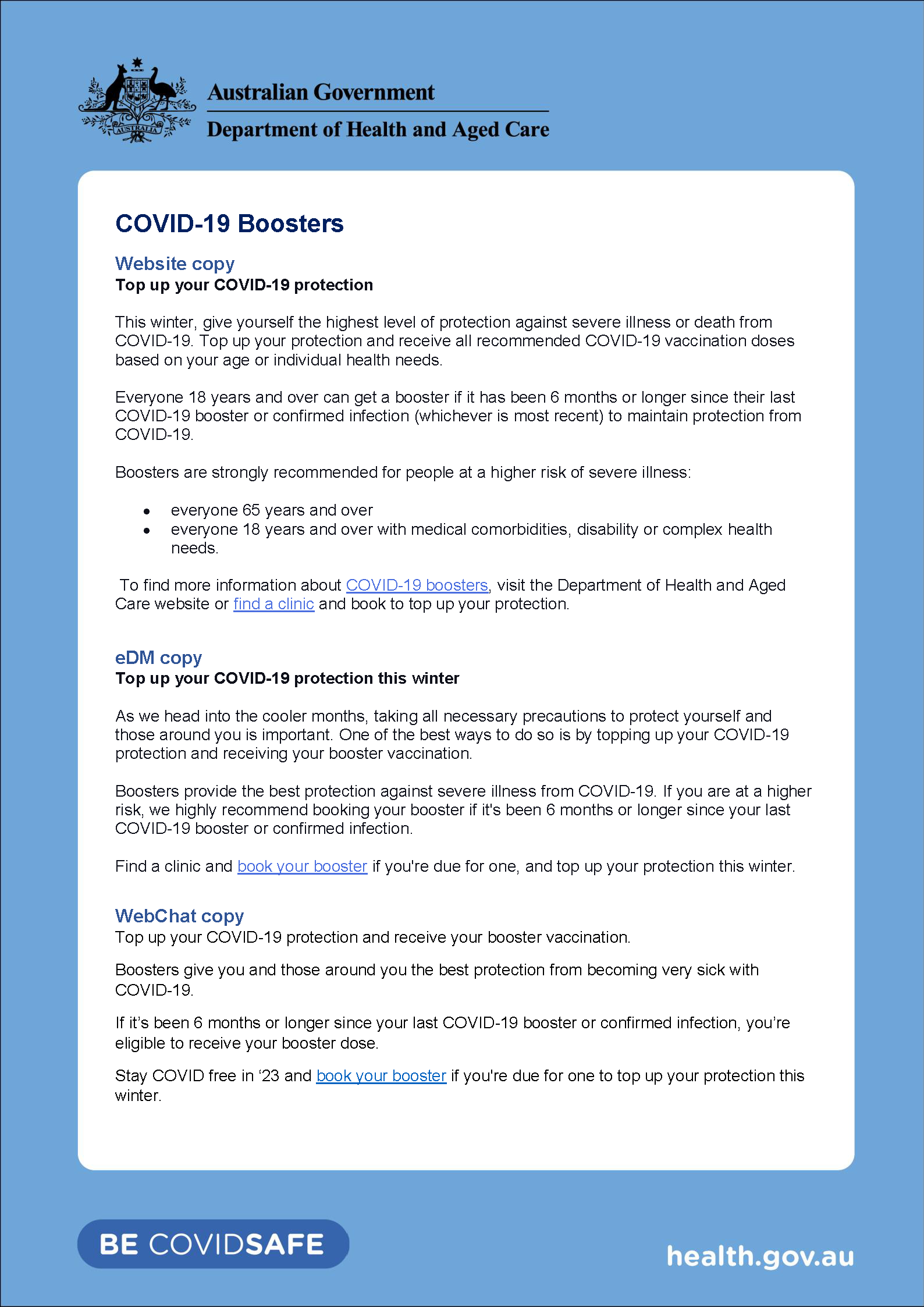 COVID-19 Boosters – Website, eDM and WebChat copy.