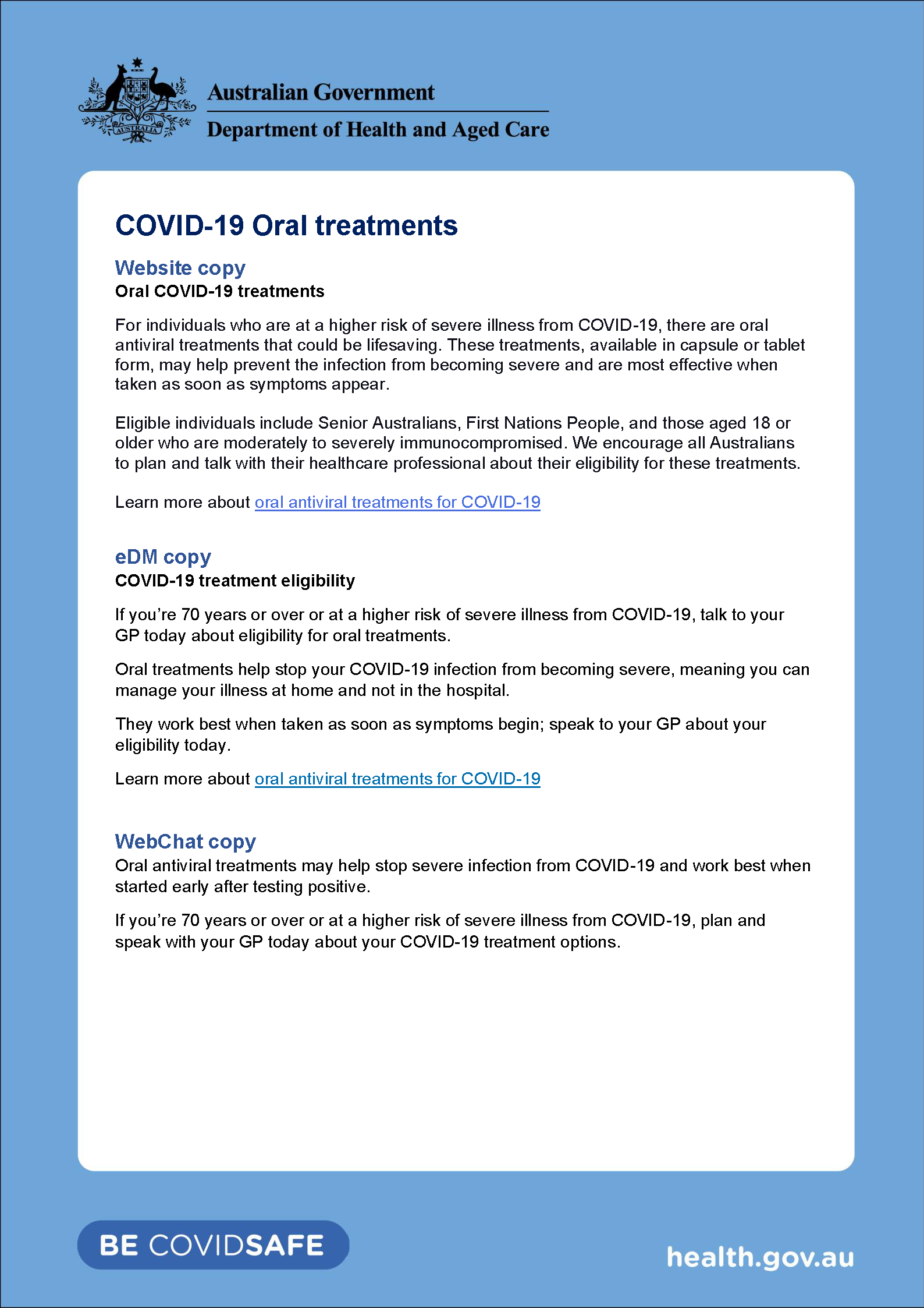COVID-19 oral treatments – Website, eDM and WebChat