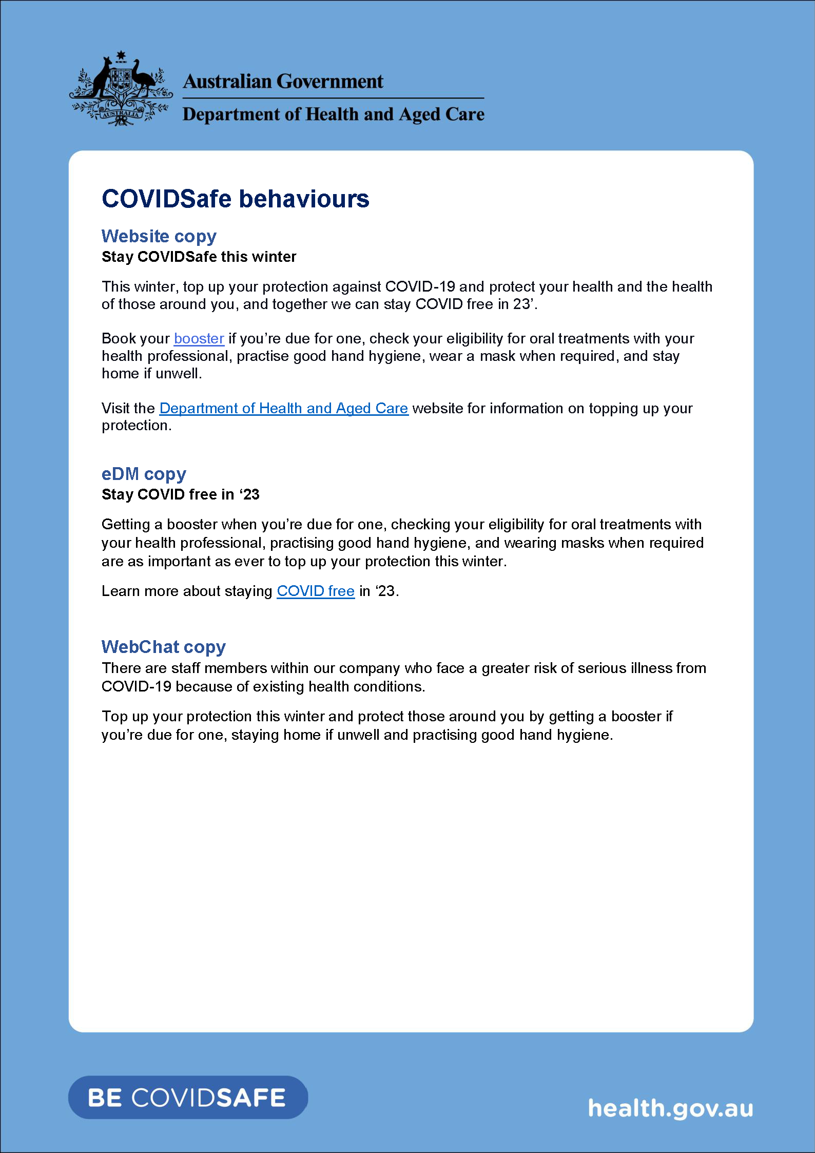 COVIDSafe behaviours – Website, eDM and WebChat