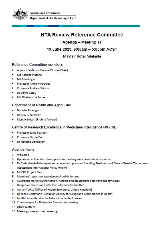 Health Technology Assessment Policy and Methods Review - Reference committee meeting agenda – 19 June 2023 