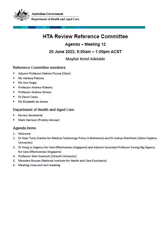Health Technology Assessment Policy and Methods Review - Reference committee meeting agenda – 20 June 2023