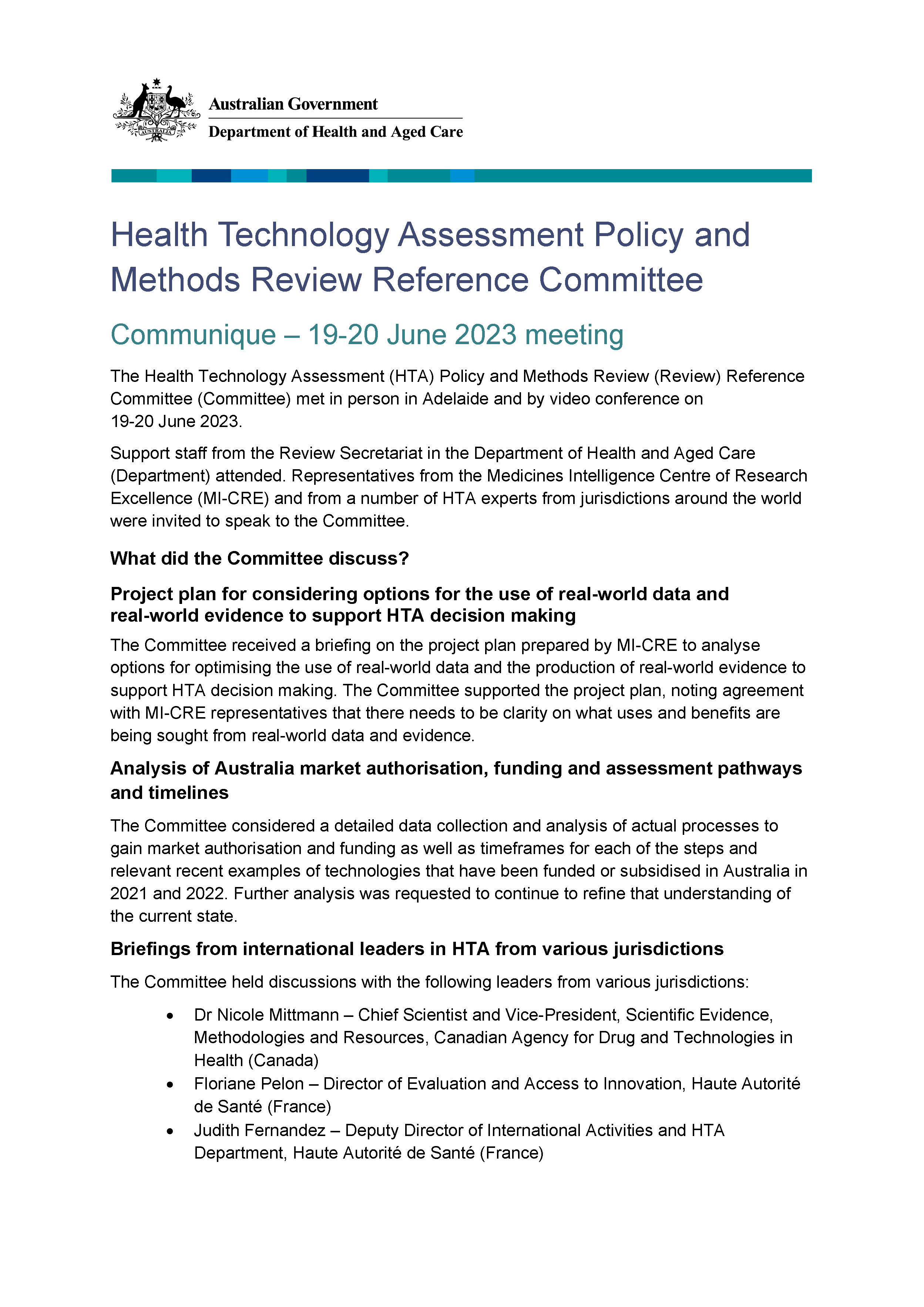 Health Technology Assessment Policy and Methods Review - Reference committee meeting communique – 19-20 June 2023 