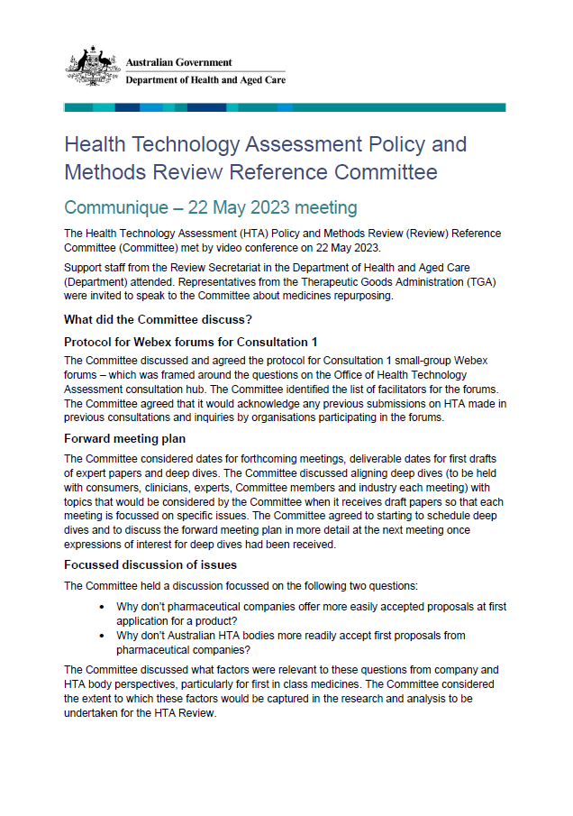 Health Technology Assessment Policy and Methods Review Reference Committee Communique – 22 May 2023 meeting