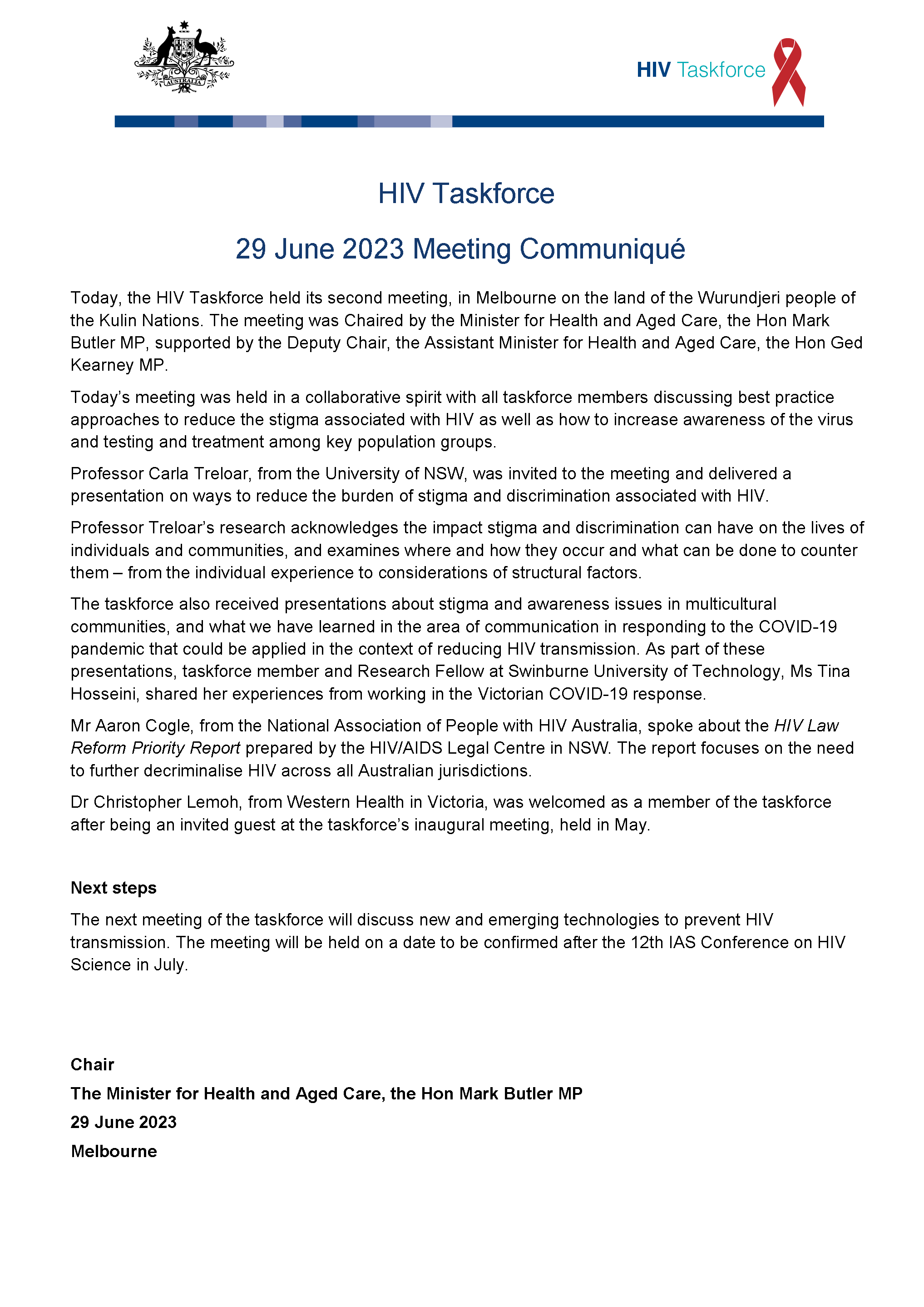 Human immunodeficiency virus (HIV) Taskforce communique – 29 June 2023