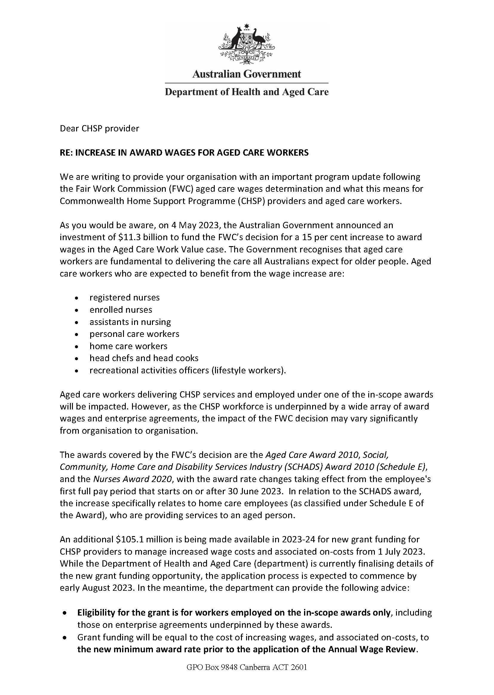 Letter to CHSP providers – increase in award wages for aged care workers